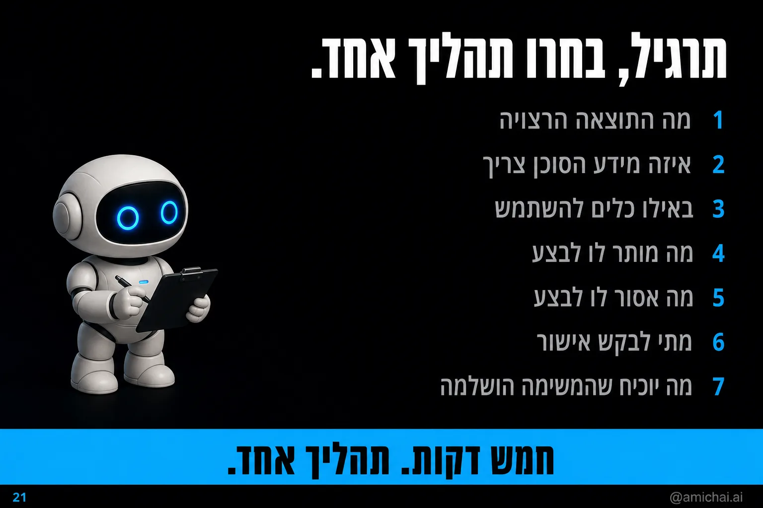 רובוט עם לוח, שבע שאלות לתרגיל בניית סוכן ראשון