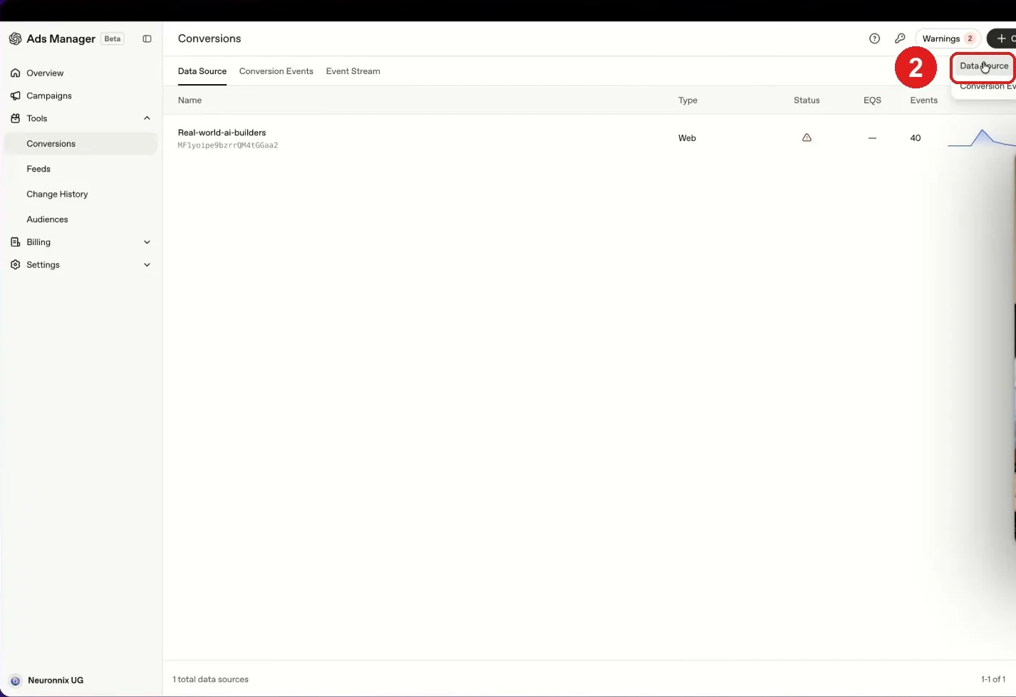 תפריט Create פתוח במסך Conversions עם האפשרות Data Source מסומנת באדום