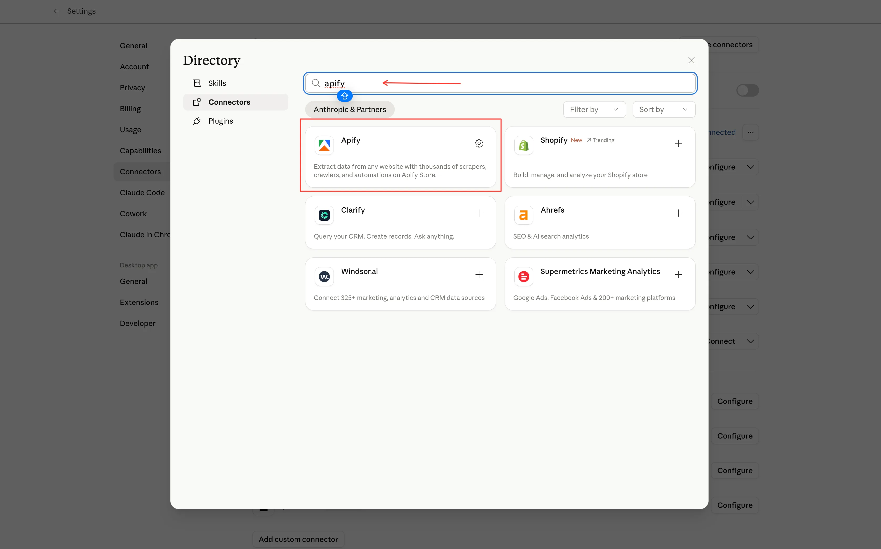Directory פתוח עם חיפוש apify והכרטיס של Apify מסומן