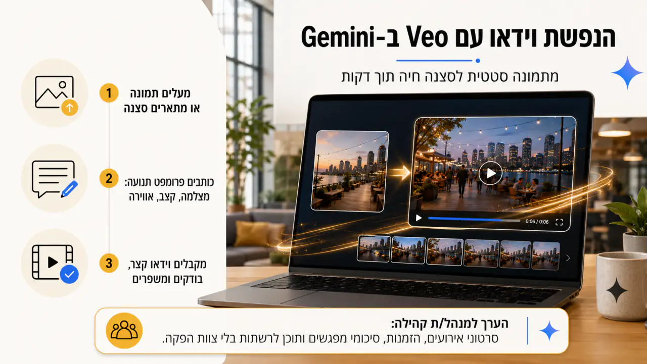 הנפשת וידאו עם Veo ב-Gemini: מעלים תמונה או מתארים סצנה, כותבים פרומפט תנועה עם מצלמה וקצב ואווירה, ומקבלים וידאו קצר לבדיקה ושיפור