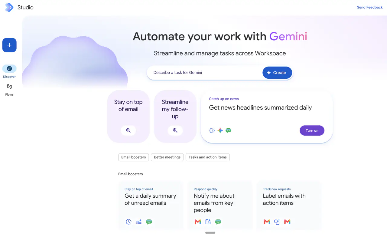 מסך הבית של Workspace Studio: שורת Describe a task for Gemini, אוטומציות מוכנות כמו סיכום יומי של מיילים שלא נקראו והתראות על מיילים מאנשים חשובים