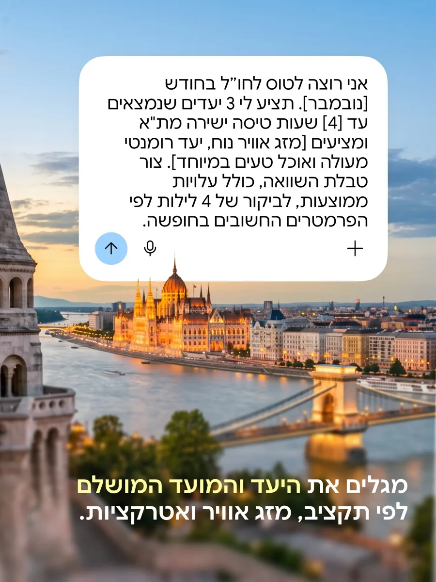 צ'אט עם Gemini שמבקש 3 יעדים עד 4 שעות טיסה מתל אביב עם טבלת השוואה, על רקע בודפשט
