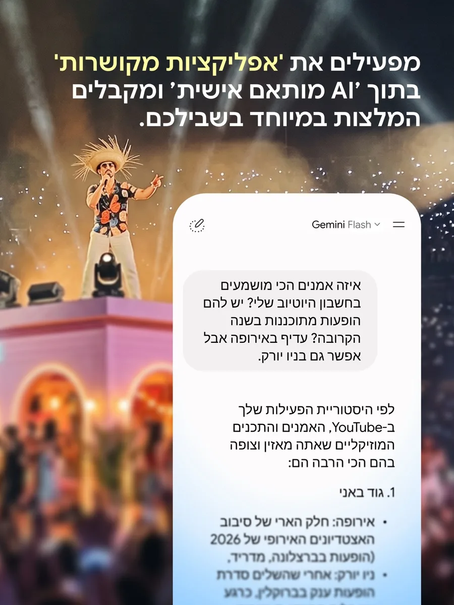 Gemini ממליץ על הופעות באירופה לפי היסטוריית ההאזנה ב-YouTube, עם רשימת אמנים וזמני הופעות