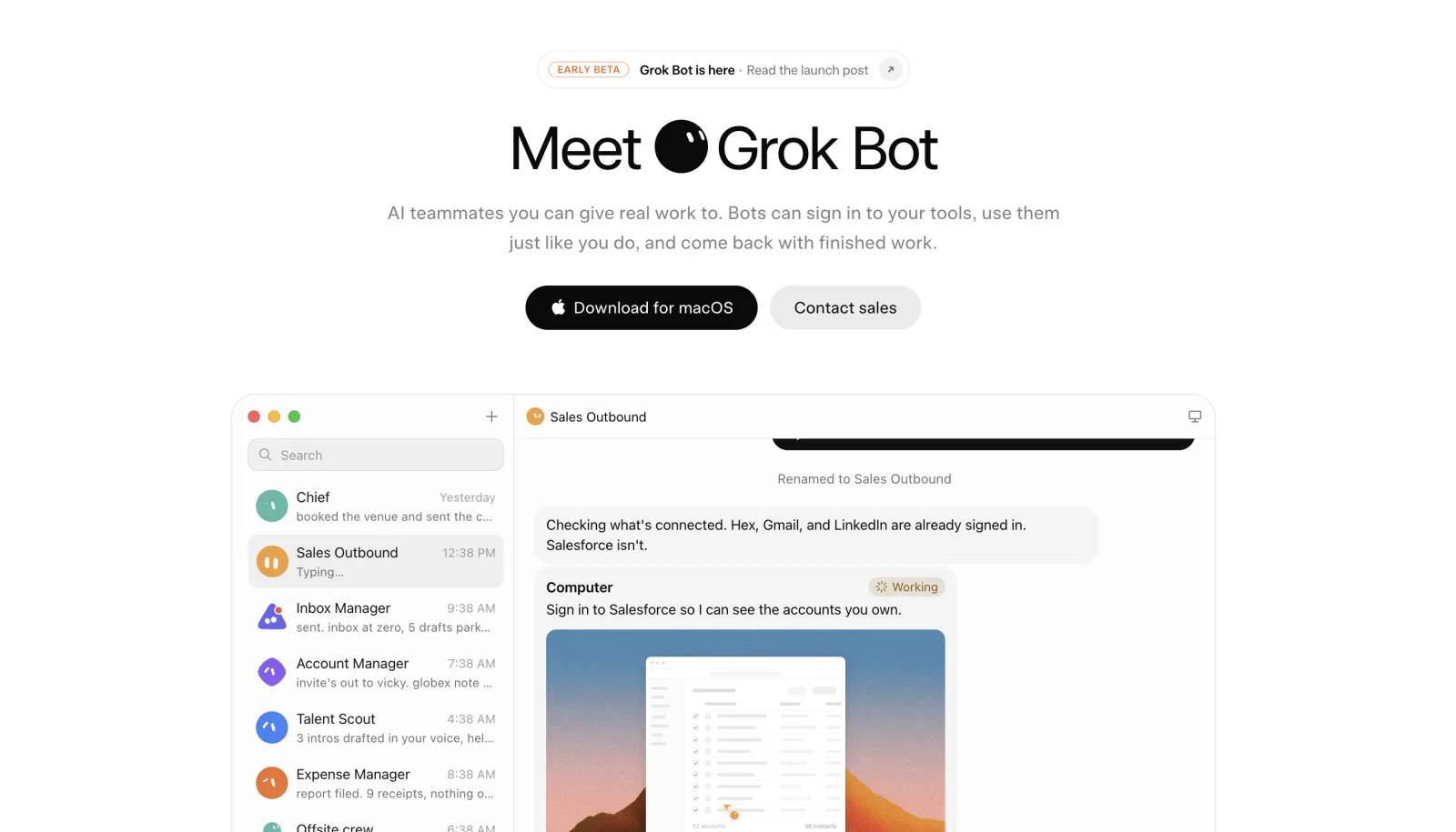 מסך הבית של Grok Bot · צוות סוכנים בסרגל הצד ואחד הסוכנים נכנס למערכת חיצונית מהמחשב שלו