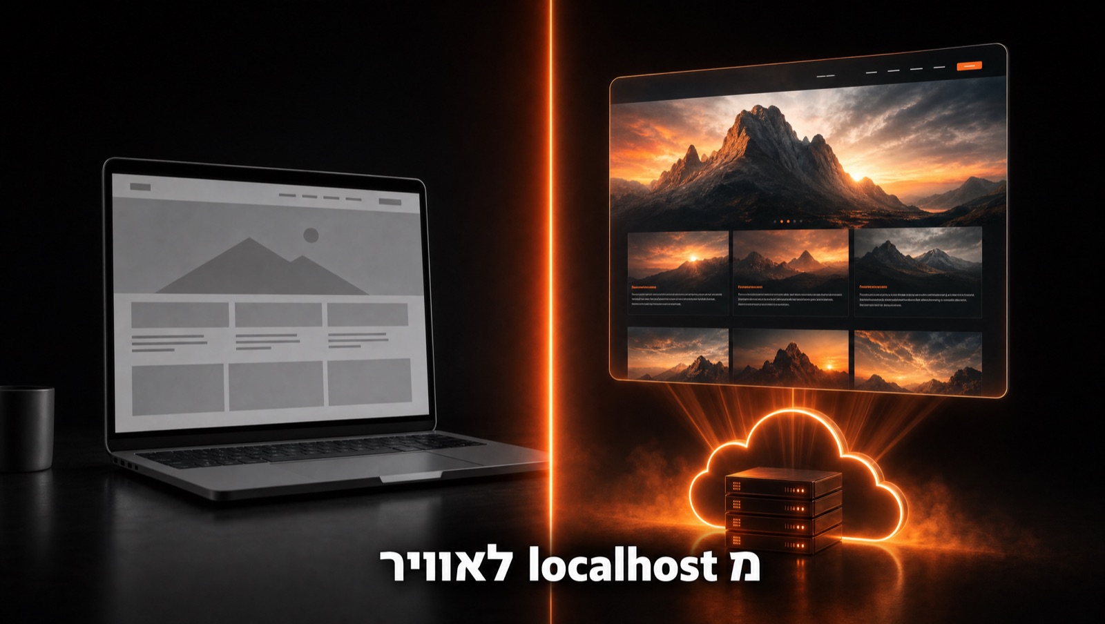 לפני ואחרי · אתר ריק על המחשב מול אתר חי באוויר שנבנה עם קלוד קוד