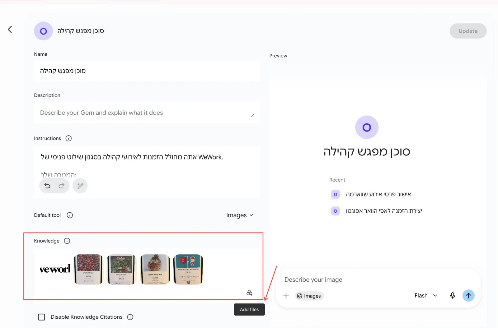 אזור Knowledge בהגדרות Gem בג'מיני עם קבצים שהועלו וכפתור Add files