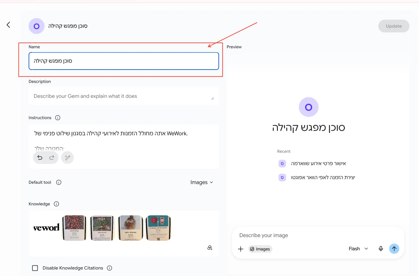 מסך עריכת Gem בג'מיני: שדות Name, Description ו-Instructions