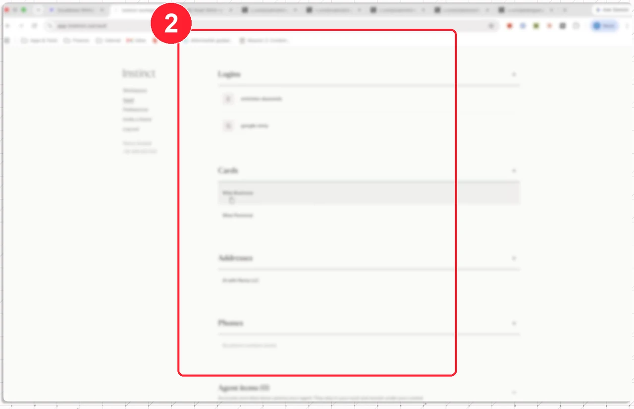 מסך הכספת של Instinct עם הקטגוריות Logins, Cards, Addresses ו-Phones מסומנות במסגרת אדומה