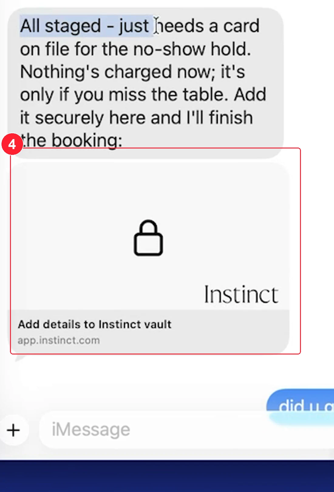 הודעה מ-Instinct עם קישור מאובטח להוספת פרטי כרטיס לכספת, מסומן במסגרת אדומה