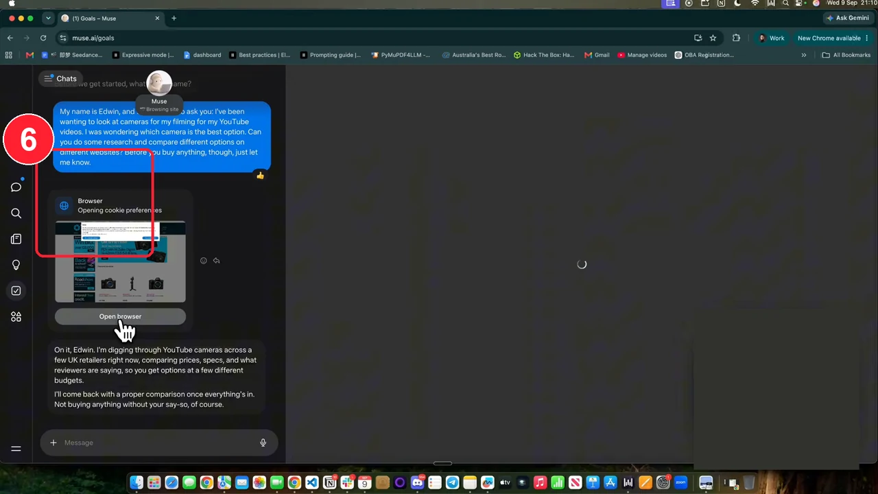 שיחה ב-Muse עם כרטיס Browser שמציג את הדפדפן הווירטואלי בפעולה, מסומן במסגרת אדומה
