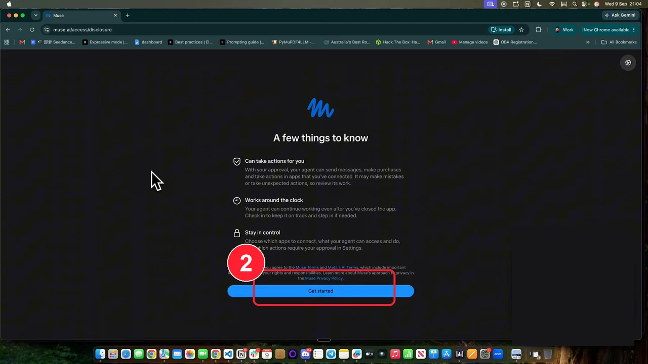 מסך A few things to know של Muse עם כפתור Get started מסומן במסגרת אדומה