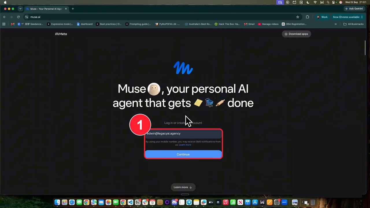 מסך הכניסה של muse.ai עם שדה המייל וכפתור Continue מסומנים במסגרת אדומה