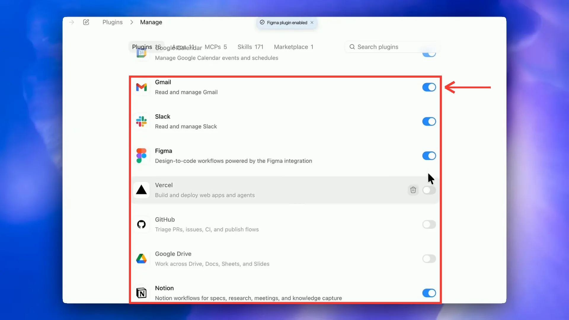 מסך התוספים של קודקס עם חיבורים ל-Gmail, Slack, Figma, Vercel, GitHub, Google Drive ו-Notion