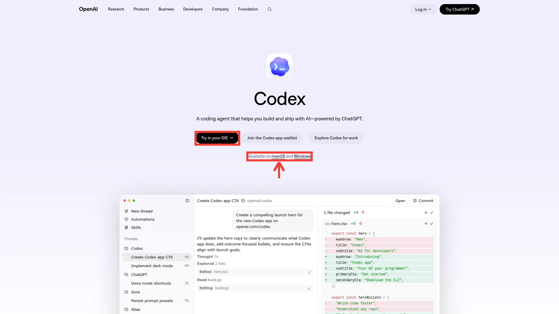 העמוד הרשמי openai.com/codex עם הכפתור הראשי להורדה והשורה Available on macOS and Windows
