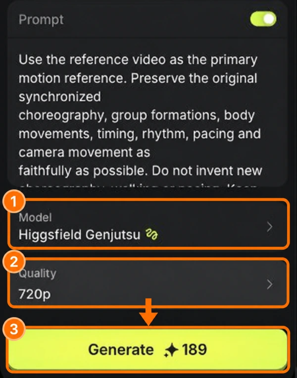 בחירת מודל Higgsfield Genjutsu, איכות 720p וכפתור Generate · עם מסגרות, חצים ומספרי פעולות
