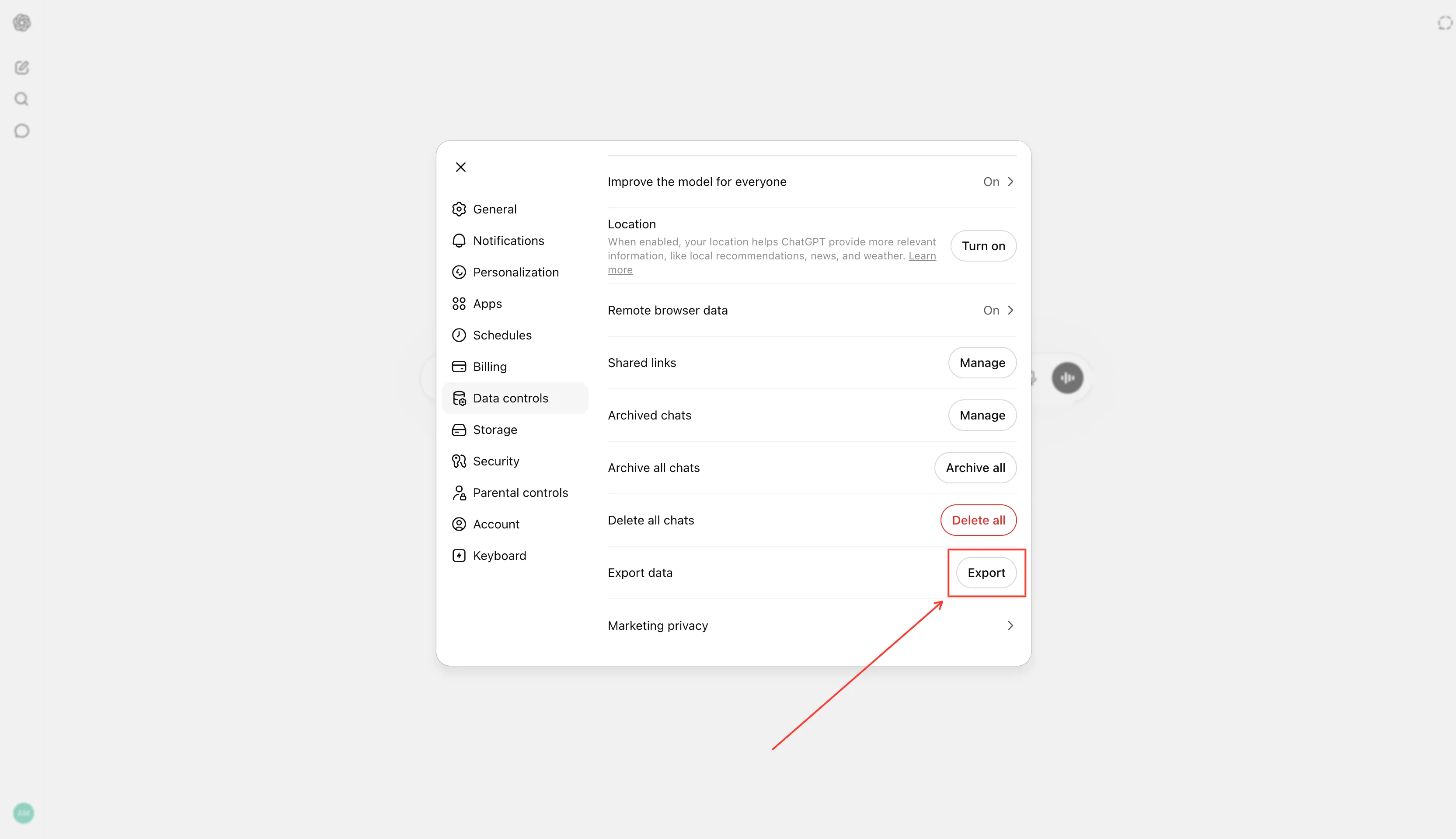 כפתור Export ב-Data controls של ChatGPT