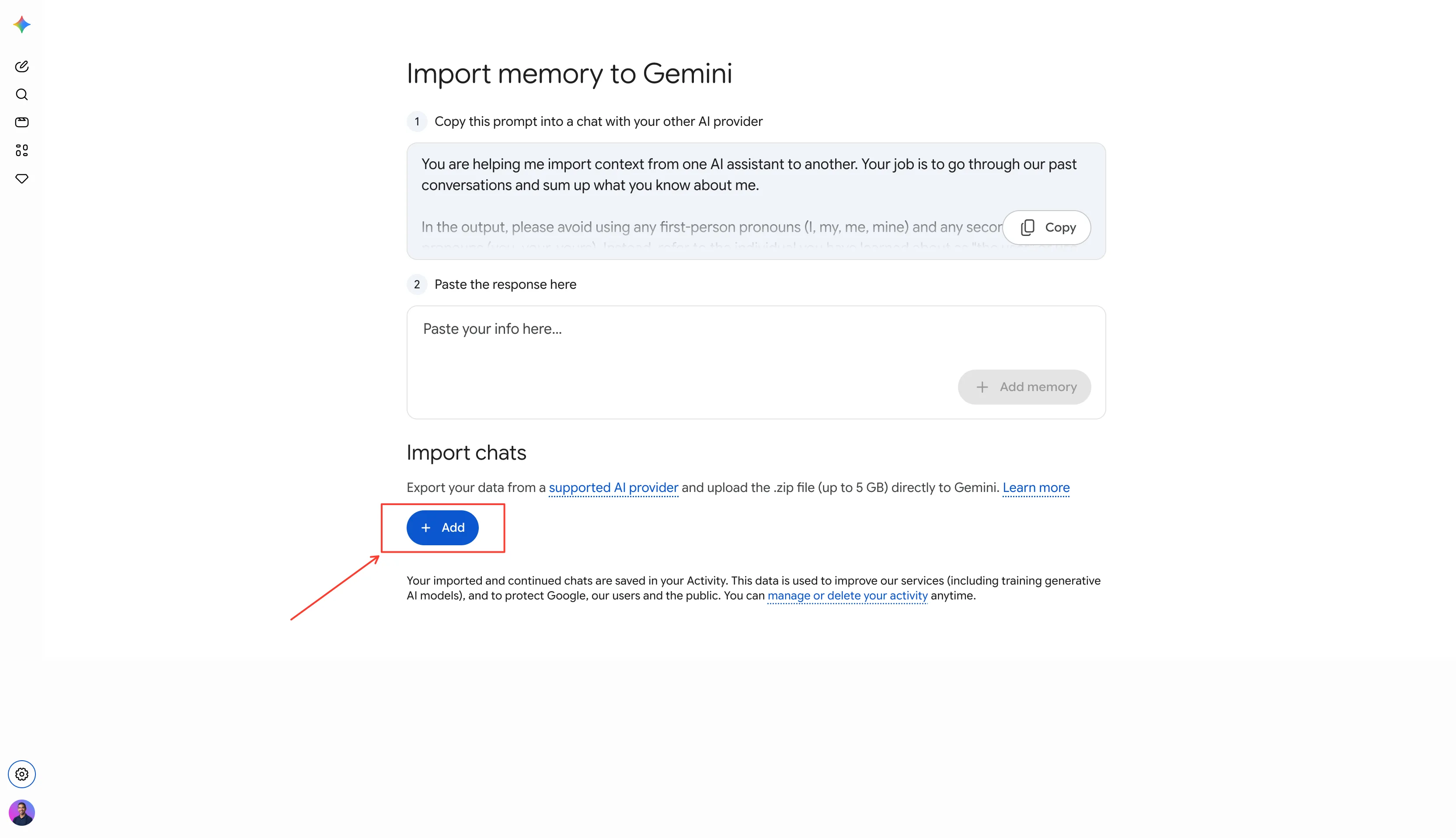 עמוד 'Import memory to Gemini' עם שני החלקים · פרומפט ו-Import chats