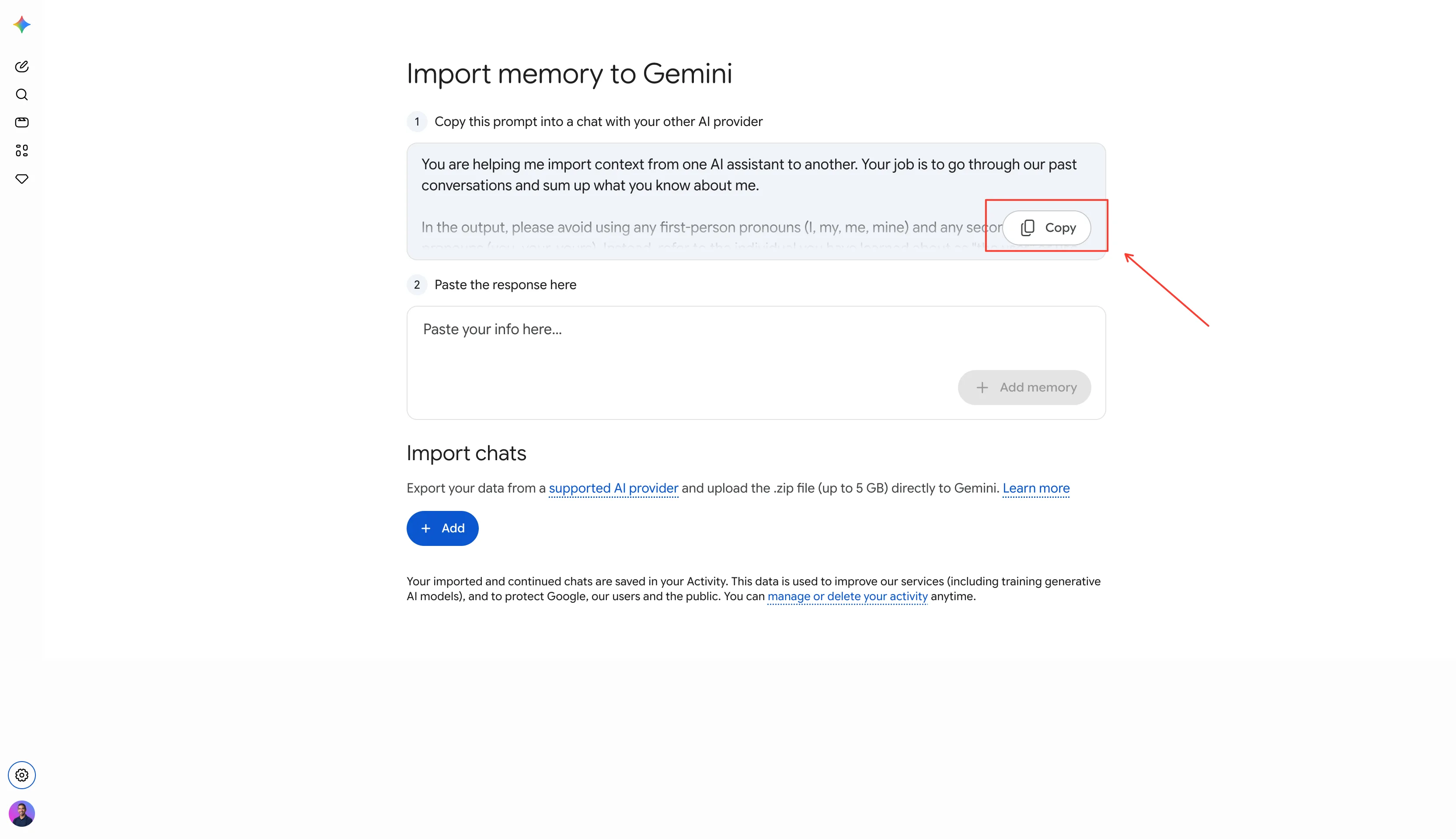 כפתור Copy על הפרומפט של Gemini בעמוד Import memory