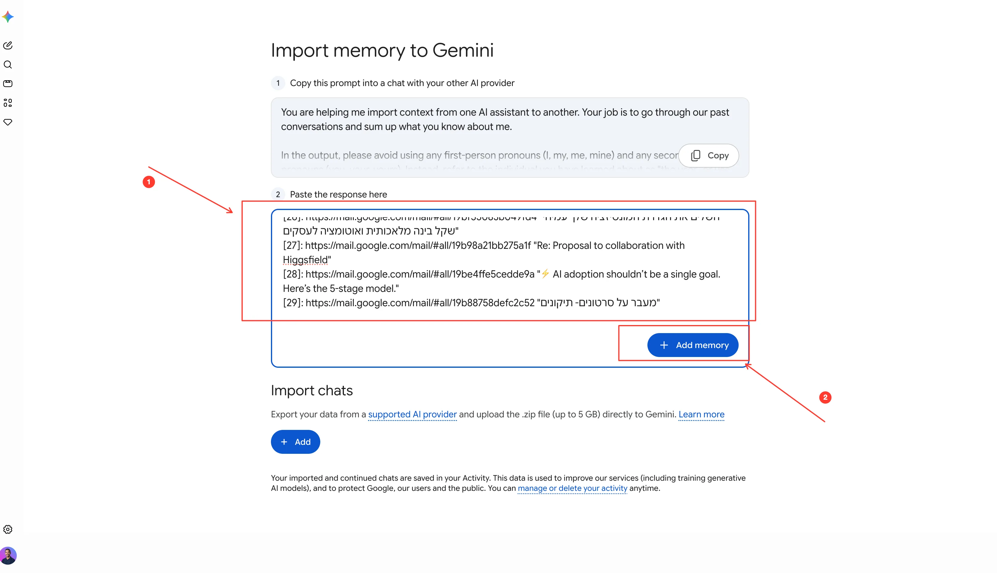 הדבקת התשובה ב-Gemini ולחיצה על Add memory